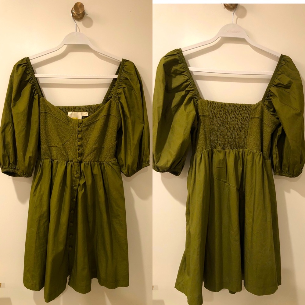 NWT Anthropologie Maeve Puff-Sleeved Mini Dress Green M